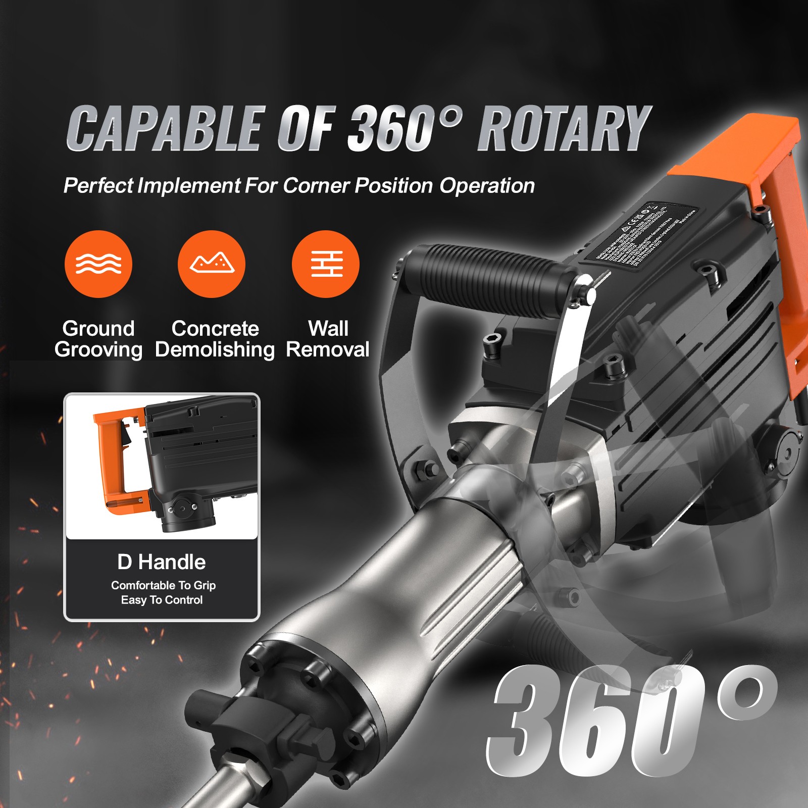 Demolition Jack Hammer Concrete Breaker 2200W Electric Hammer 4 Chisel Bits