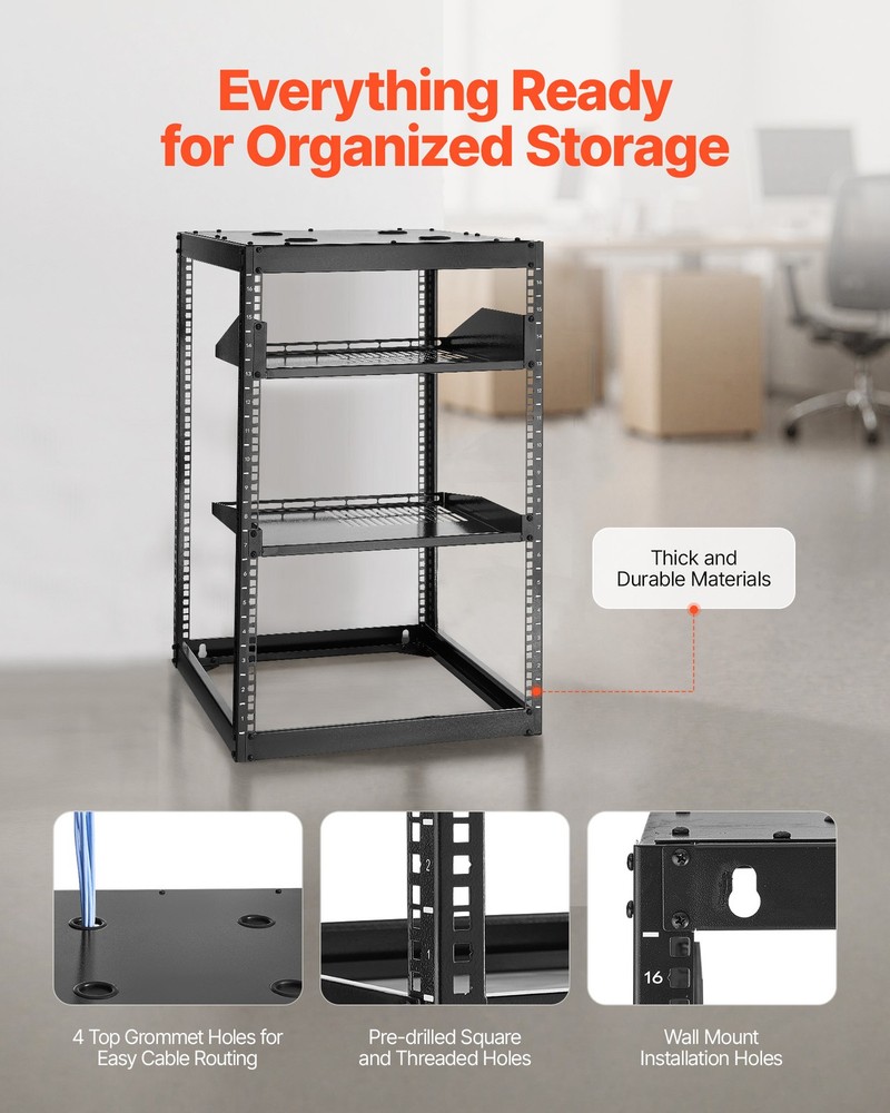 VEVOR 16U Open Frame Network Rack Wall Mounted Server Rack 4 Post with Shelves