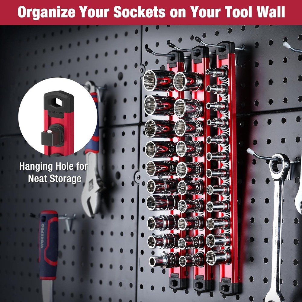 3 Rail Magnetic Socket Organizer Set for Tool Storage, Heavy Duty Socket Holder