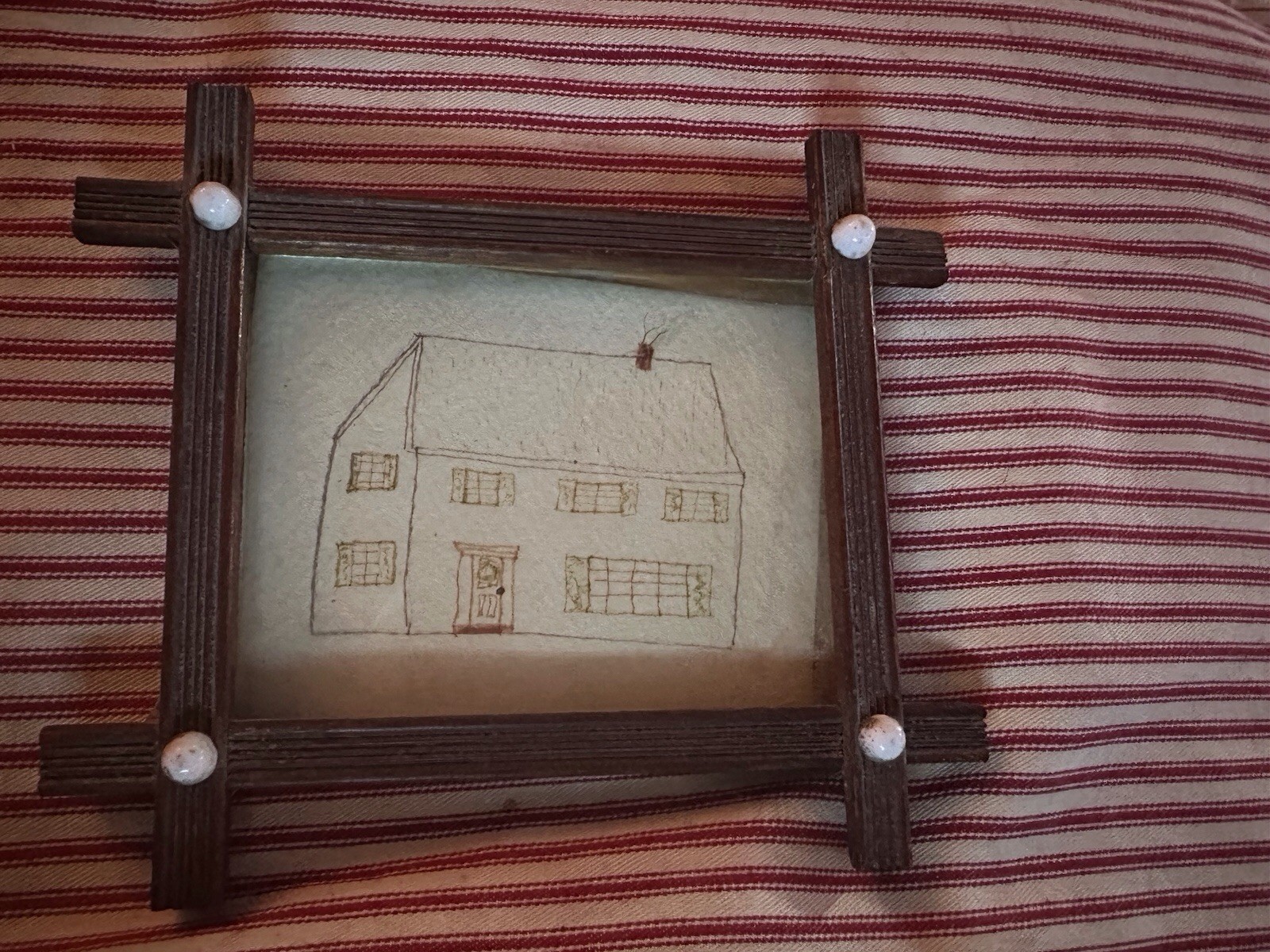 Antique American Folk Art School Girl Sketched Drawing Adirondack Frame