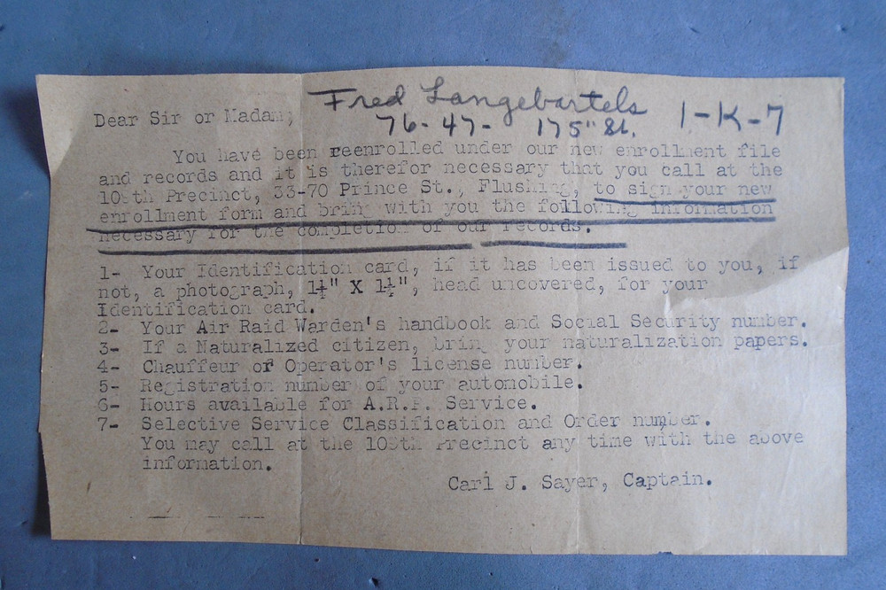 Air Raid Warden's enrollment form