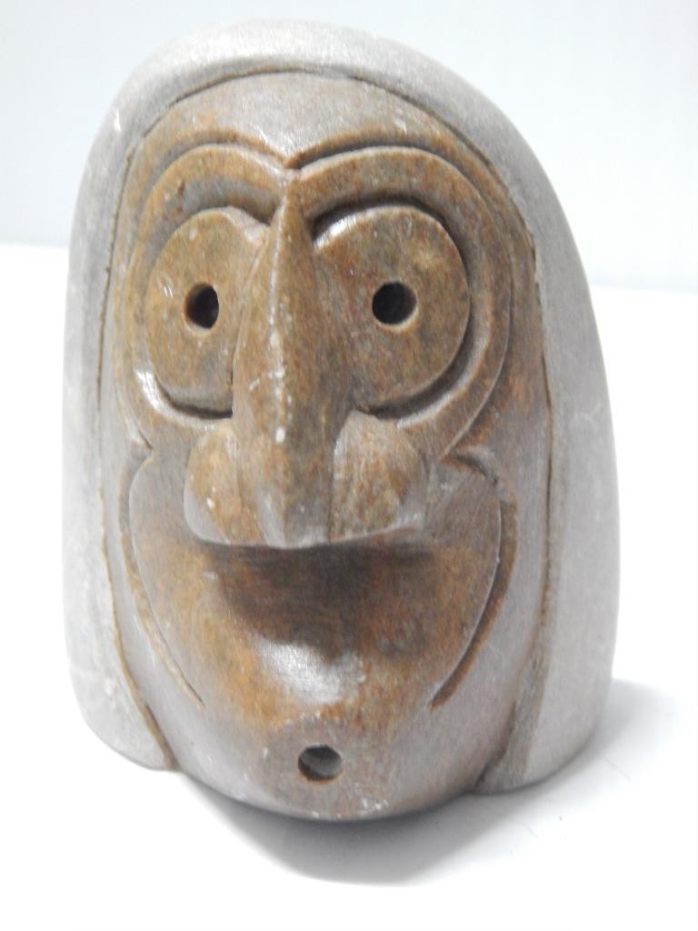 STONE IROQUOIS INDIAN CARVED MASK SCULPTURE - FALSE FACE WHISTLER - XLNT COND