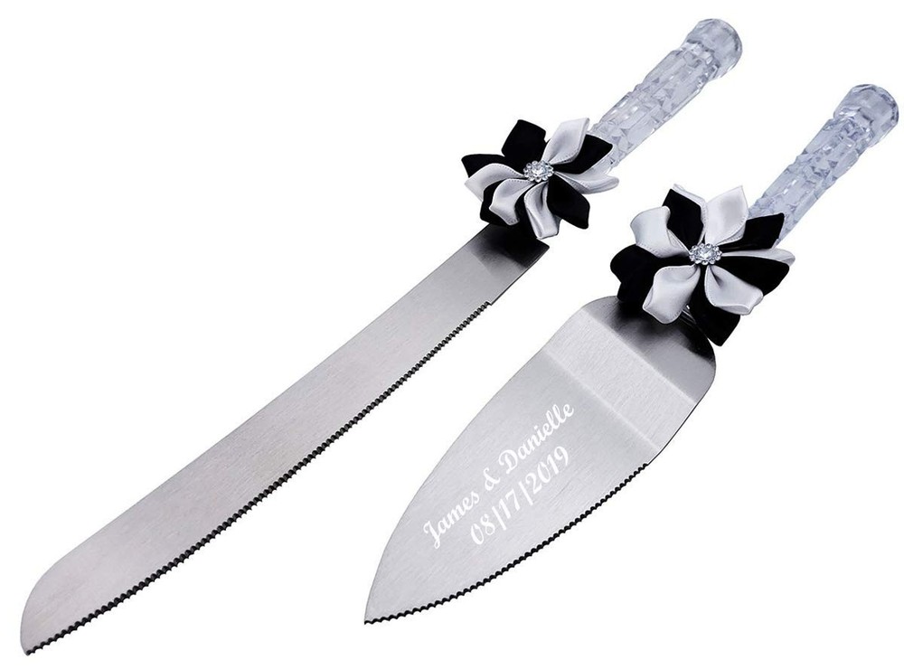 Engraved Wedding Cake Knife & Server Set – Personalized Gift Set (Black/White)