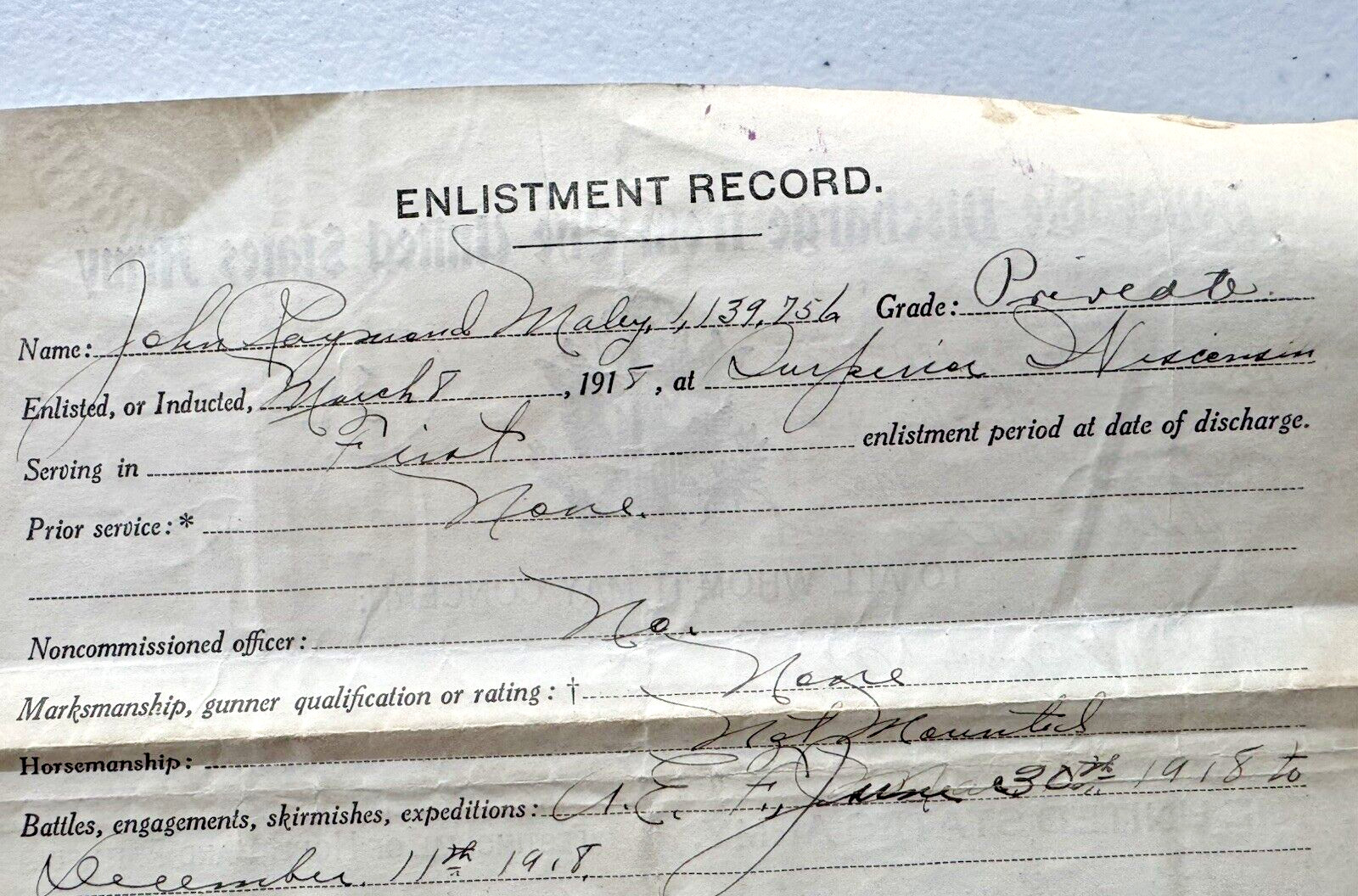 1918 WWI HONORBLE DISCHARGE PAPERS FROM THE UNITED STATES ARMY PRIVATE MALEY