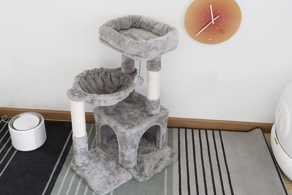 Cat Tree, Small Cat Tower with Sisal Scratching Post and Hammock Light Gray