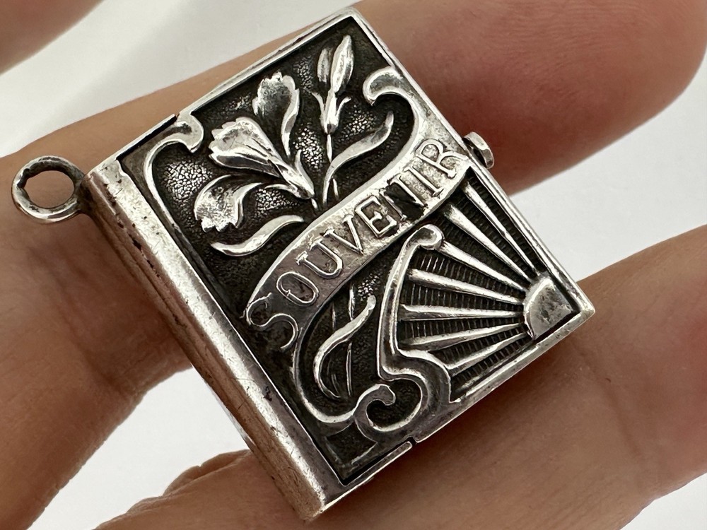 Antique Solid Silver Floral Book Pill Box