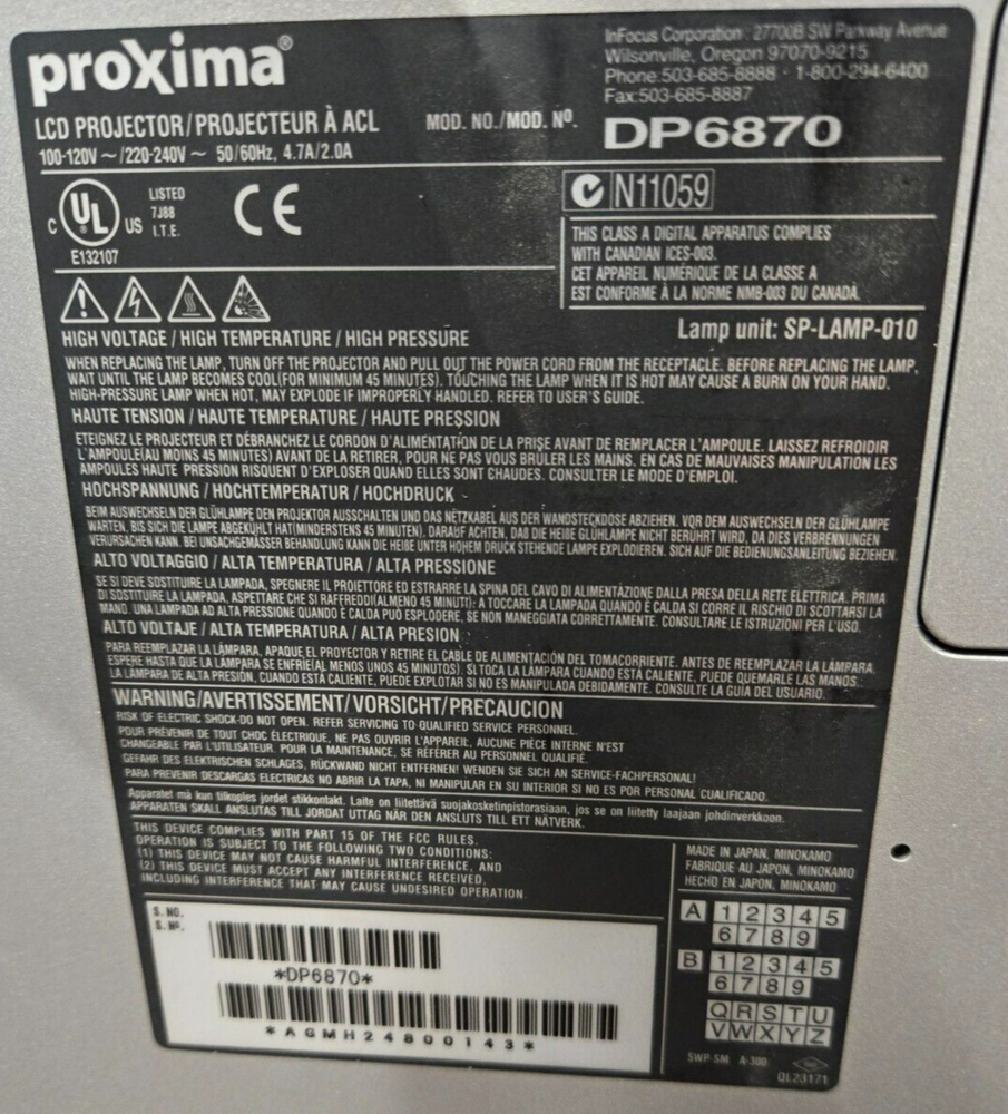 Infocus Proxima DP6870 LCD Projector - Tested
