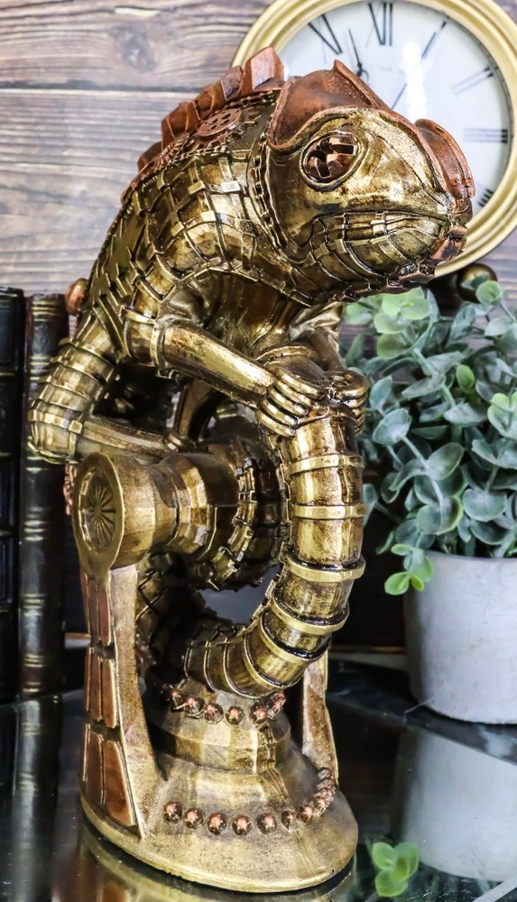 Geared Clockwork Vintage Steampunk Iguana Lizard Coiling On Stand Figurine