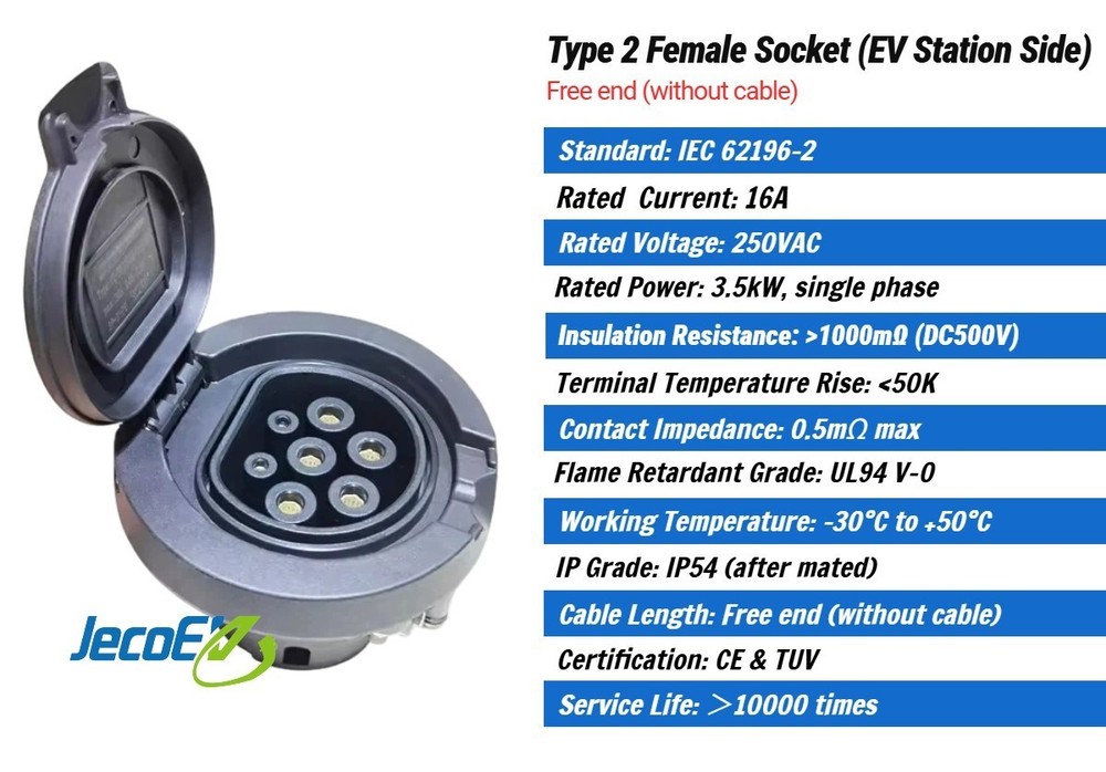 Type 2 Female EV Socket Replacement (station side), 16A 250V 3.5kW Single Phase