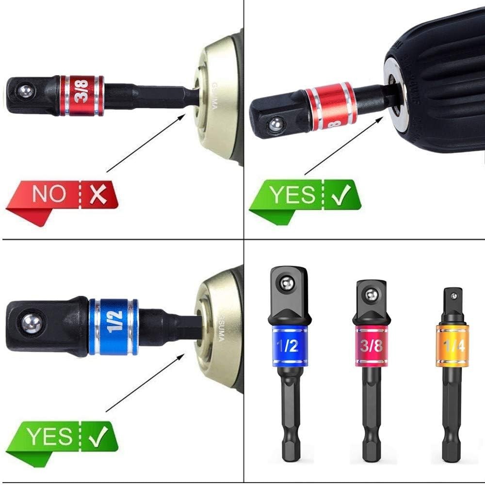 Color-Coded Impact Socket Adapter Set: 3 Essential Sizes + 105° Tool Extension