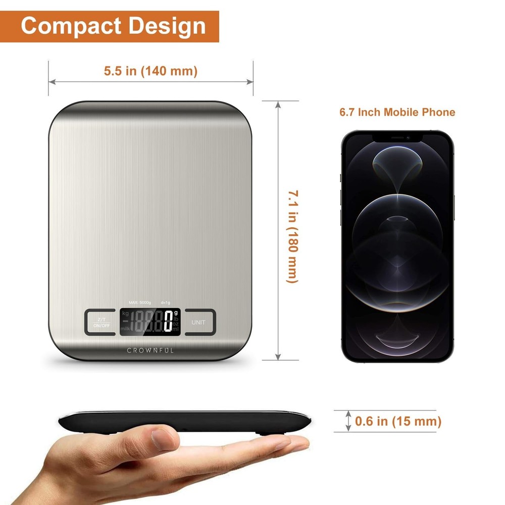 Compact Digital Food Scale with Tare Function & Easy Read LCD Display - 11 lb