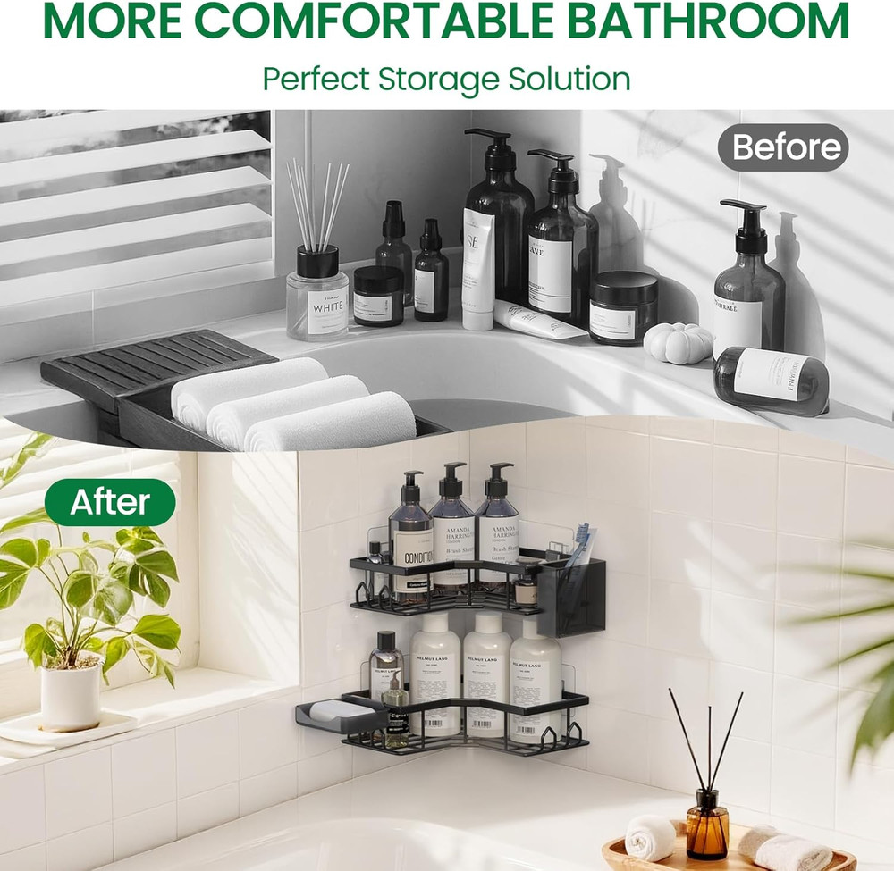 Adhesive Shower Caddy, 2 Pack Corner Bath Organizer, Rustproof Stainless Steel S