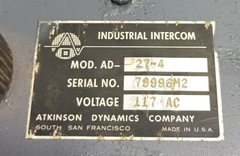 ATKINSON DYNAMICS AD-27-4 INDUSTRIAL INTERCOM VOLTAGE 117AC USED FAST SHIPPING
