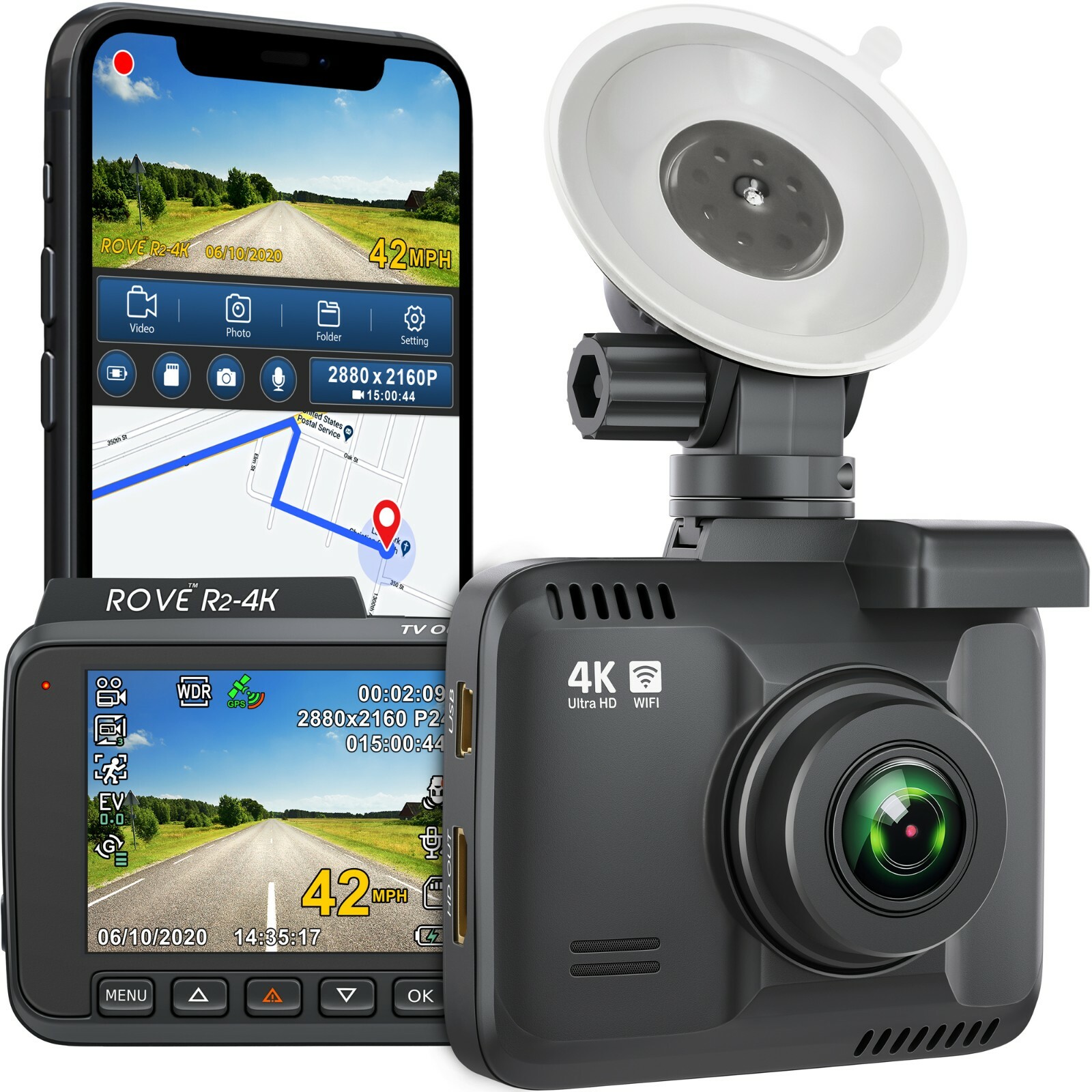 ROVE R2-4K Car Dash Cam Built-in WiFi & GPS [Open Box] with Free Hardwire Kit