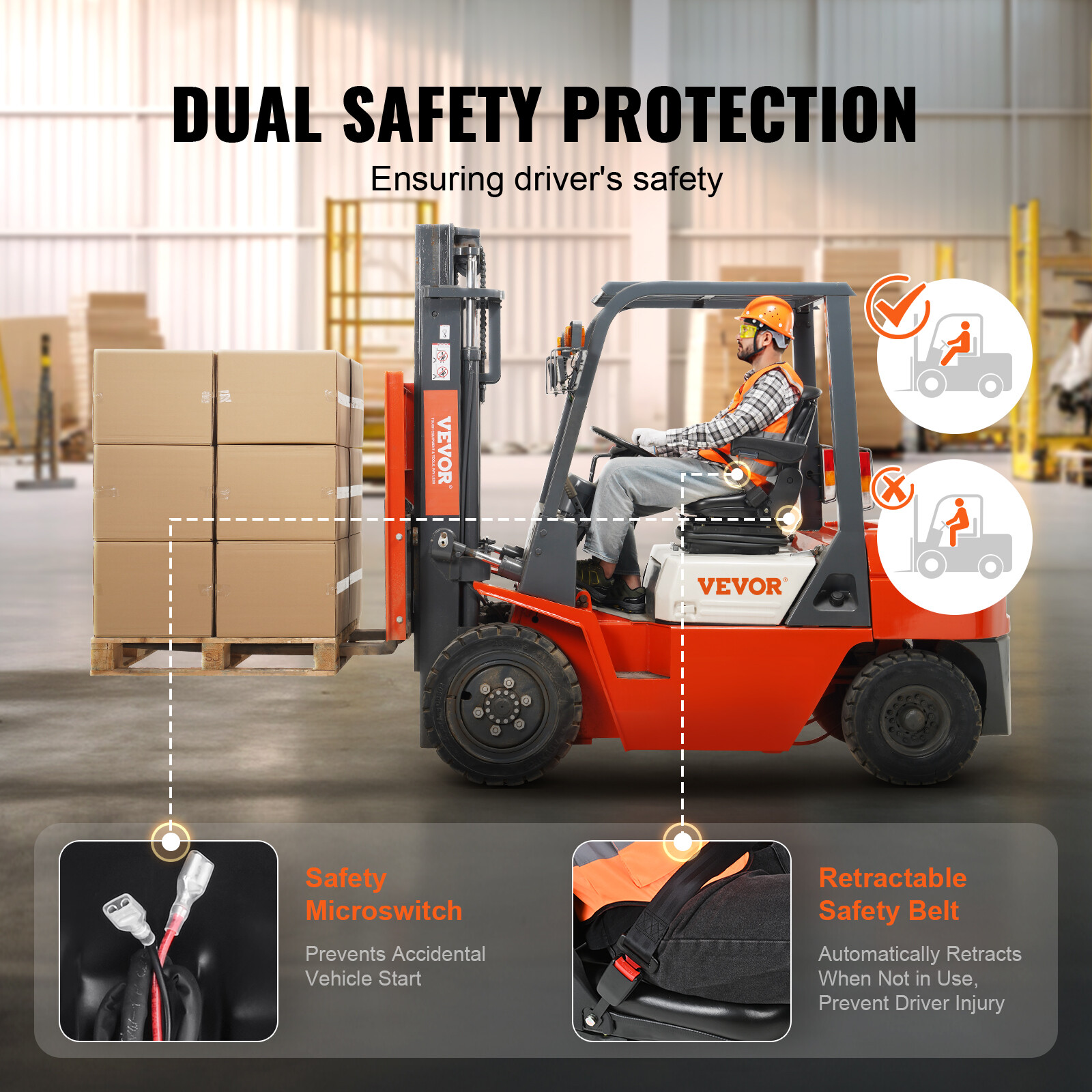 VEVOR Universal Forklift Seat Adjustable Tractor Seat with Seatbelt Armrests