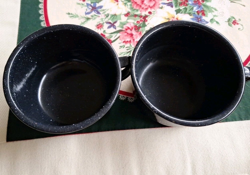 Pair Black Enamel Ware Mugs Camping Hiking