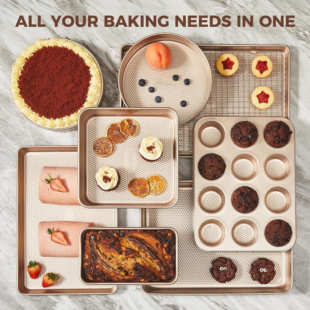9-Piece Nonstick Bakeware Set – Stackable Baking Pans, Gold