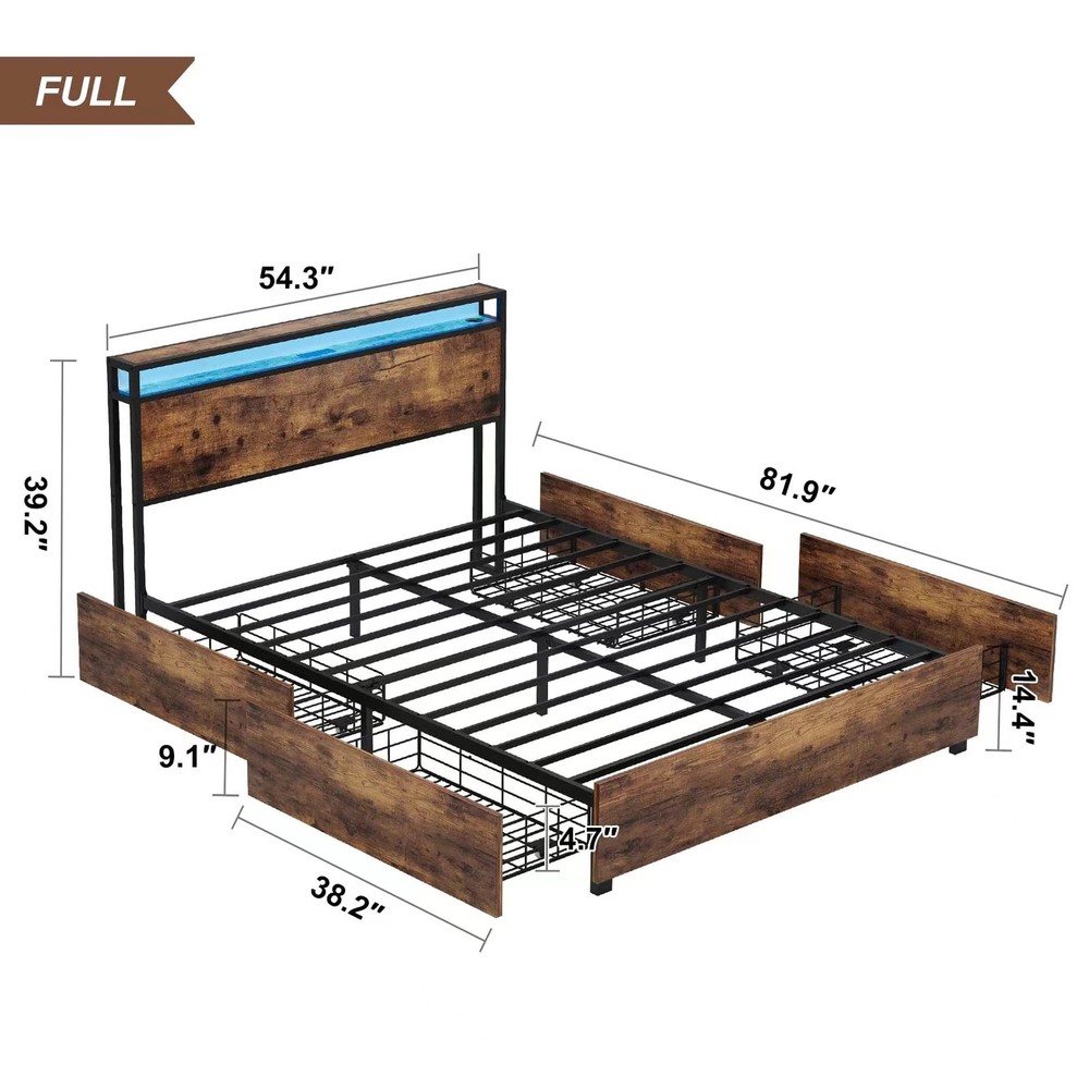 Full Size Bed Frame w/ Storage Headboard &Charging Station &LED Light