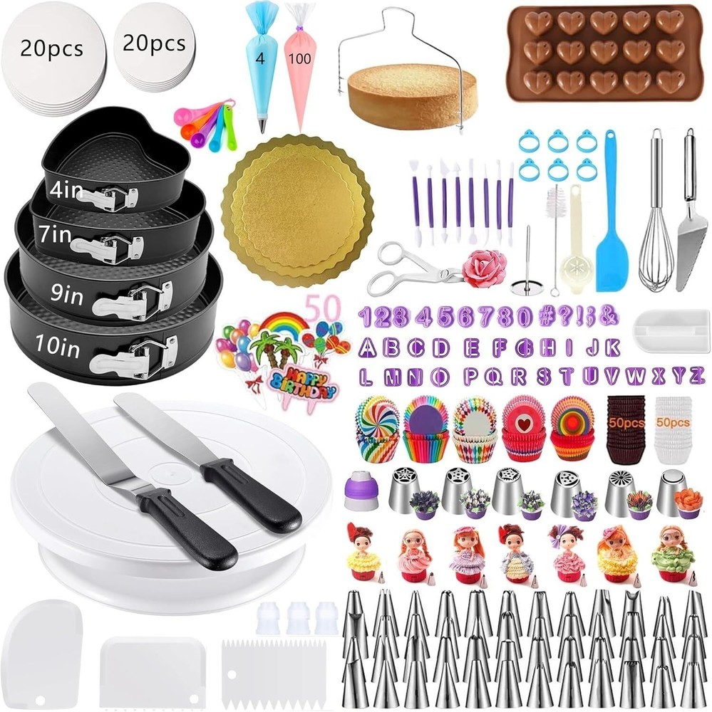 DIY Cake Decorating Kit Baking with 4 Springform Pans Rotating Turntable 540PCS