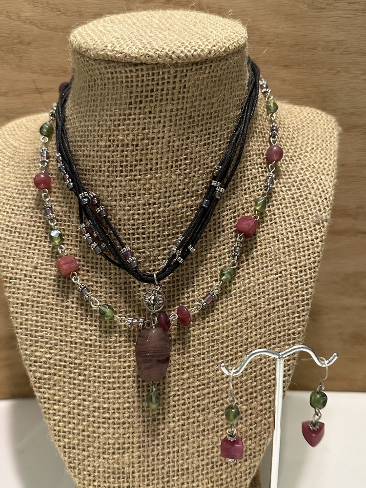 Beaded Silver Tone Corded Multi Strand Necklace Earring Set