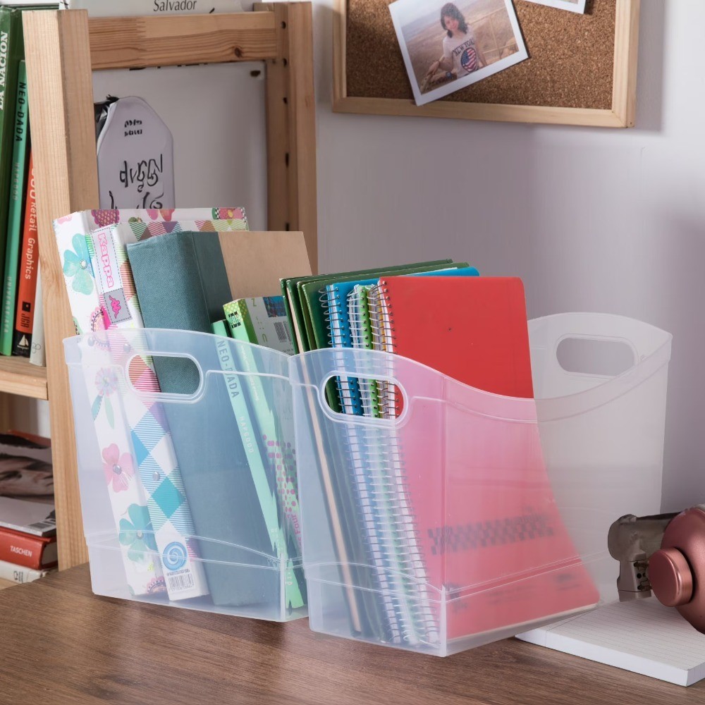 Large 12 Qt Clear Plastic Storage Bin with Handles, Narrow Rectangular Organizer