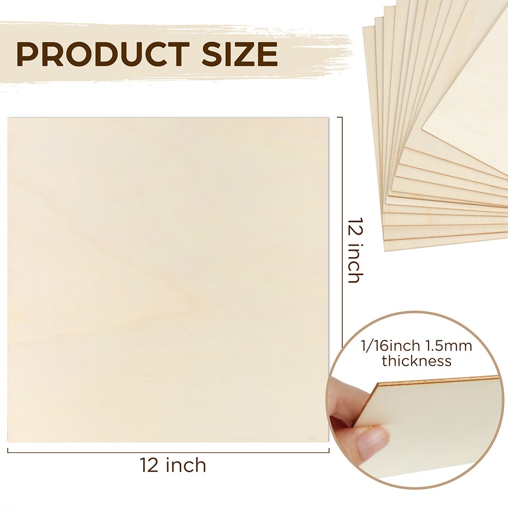 12PCS Basswood Sheets for Crafts 12 X 12 X 1/16 Inch 1.5mm Thick Plywood Sheets