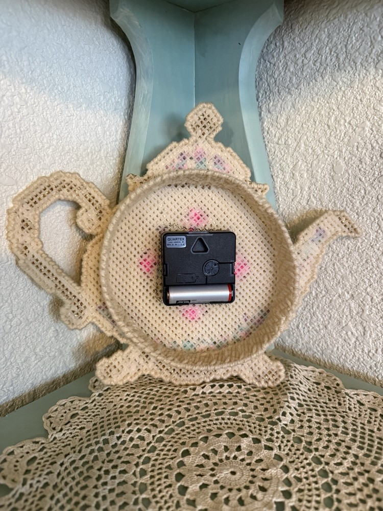 Handmade Needlepoint Teapot Clock Wall Hanging