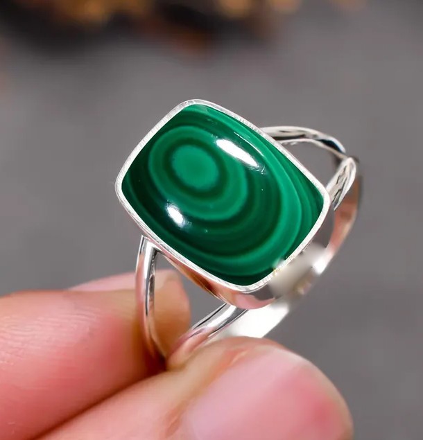 Solid 925 Sterling Silver Natural Green Malachite Rectangle Gemstone Boho Ring