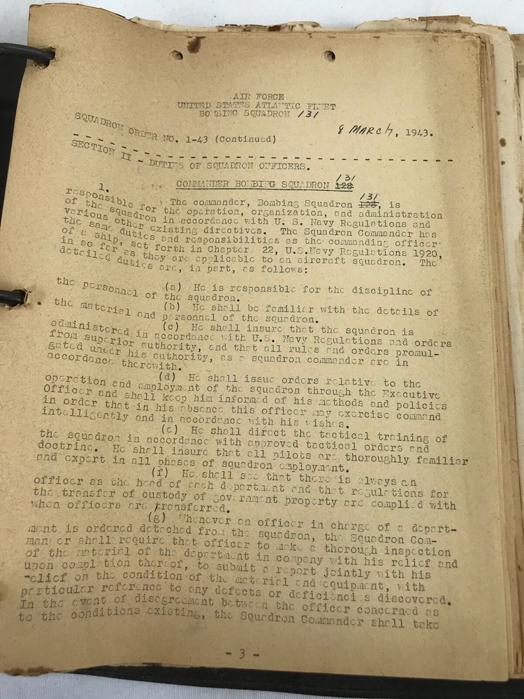 WWII Atlantic Fleet Bombing Squadron 131 Standard Operating Procedures Binder
