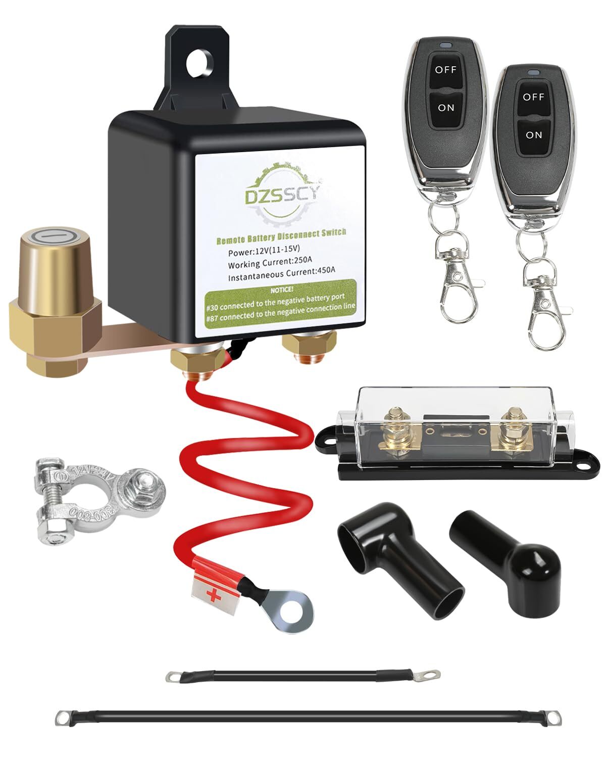 Remote Battery Disconnect Switch 12v, 250A, with 250A Fuse/Long Negative Wire