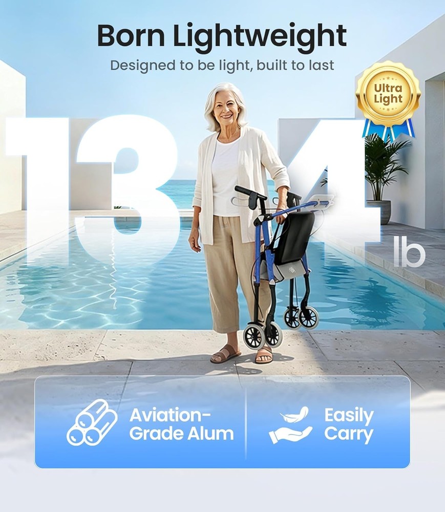 Lightweight Rollator Walker Seat Backrest Foldable All Terrain Adjustable