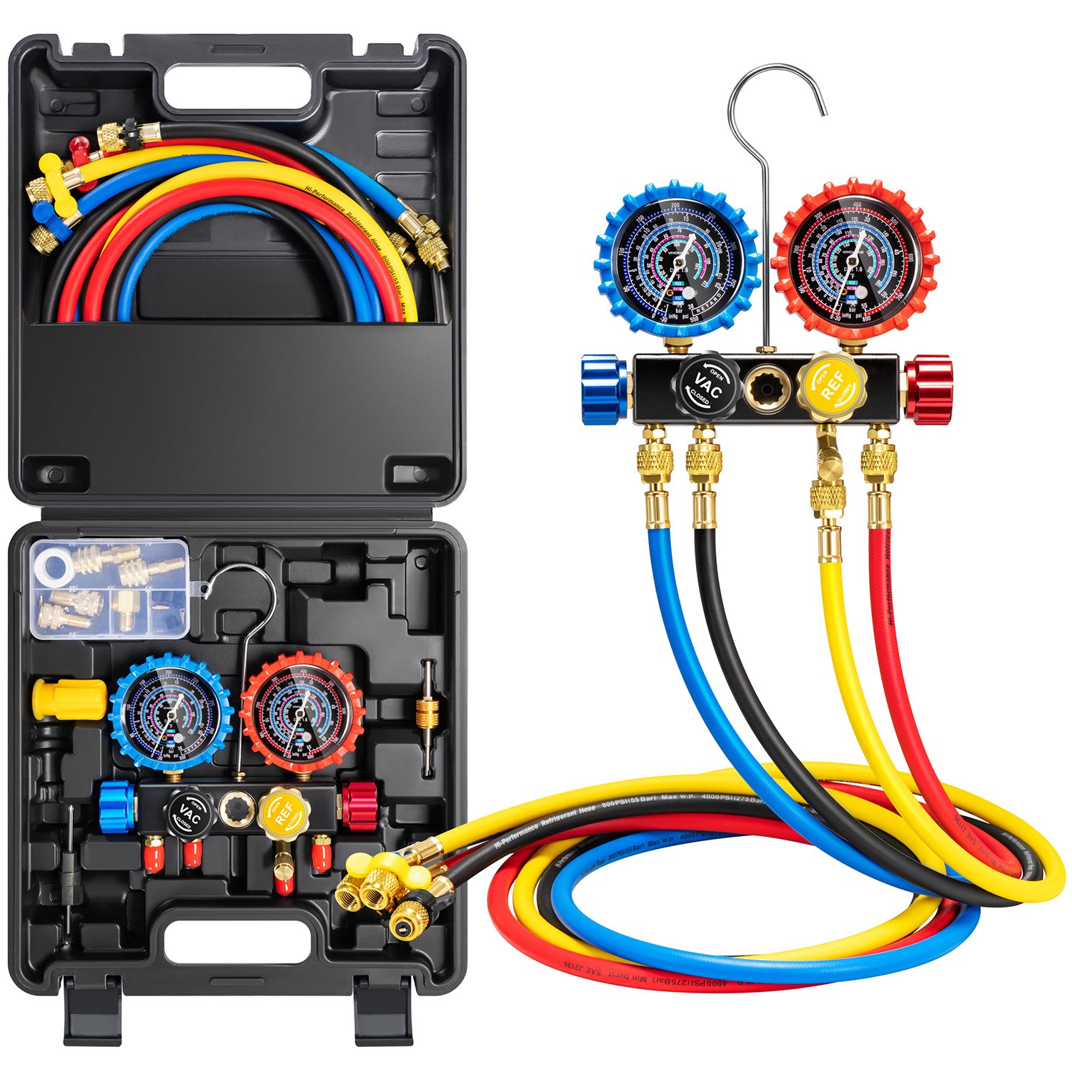 4 Valve HVAC Manifold Gauge Set R410A R454B R32 R22 AC Gauges w/ 5ft Hoses Kit