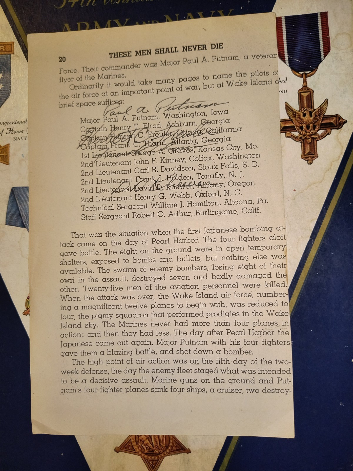 WWII Aviator Wake Island Defender BG PAUL A. PUTNAM, USMC Signed Book Page Photo
