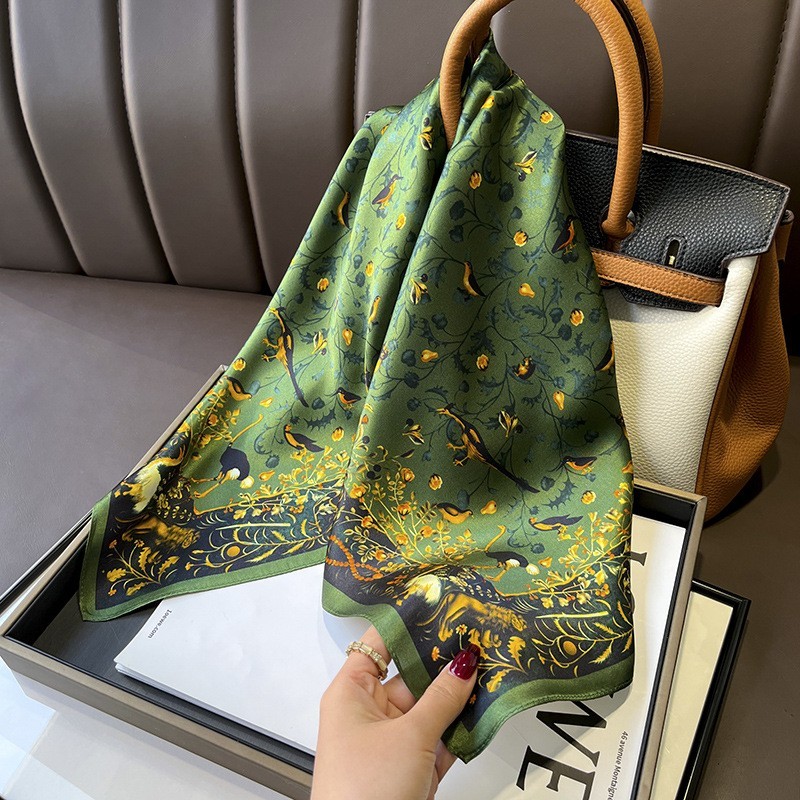 100% Silk Scarf Women Vintage Dark Green Flower Kerchief Headscarf Tied 68*68cm
