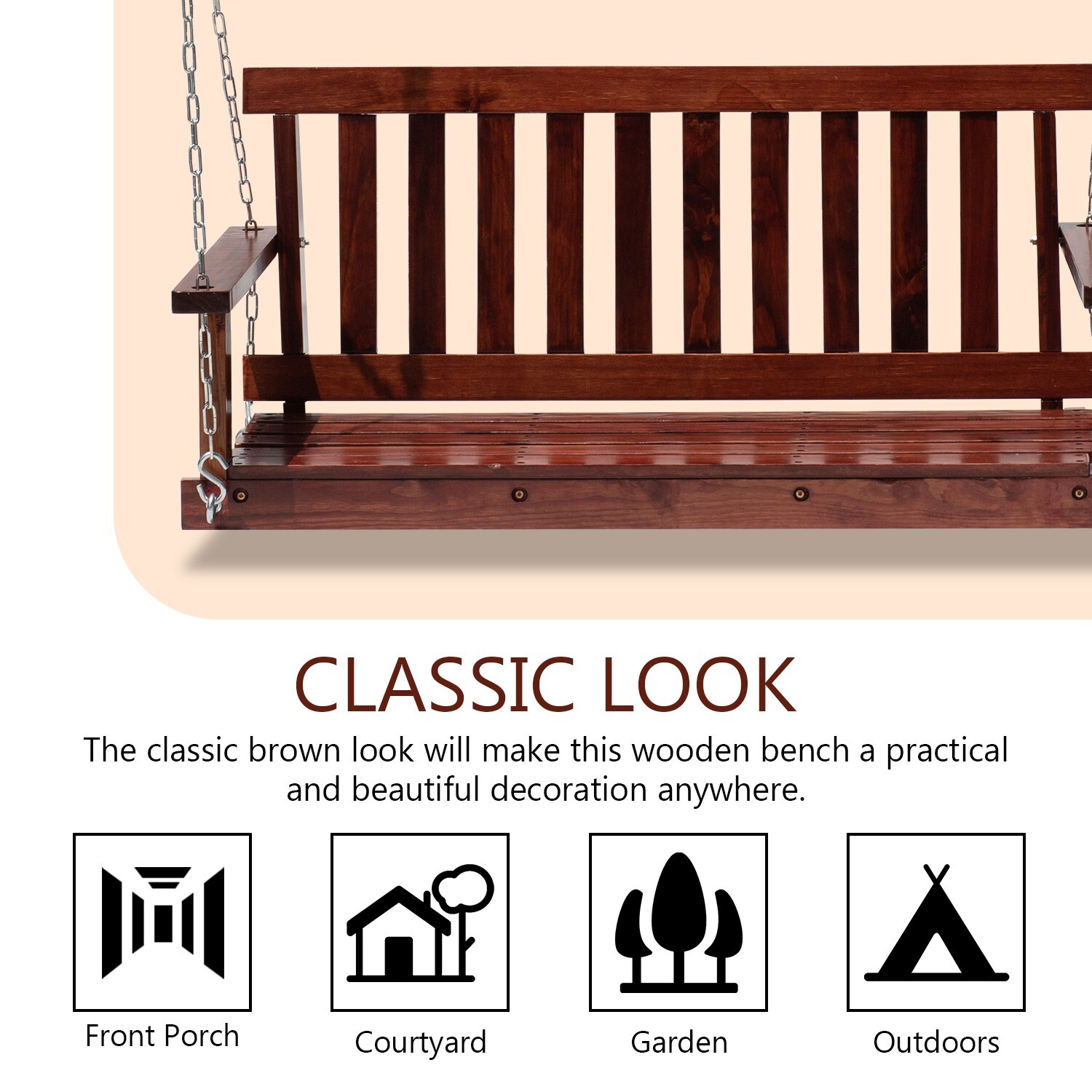 Wooden Porch Swing Heavy Duty 800lb Weight Capacity Swing Bench w/Hanging Chains