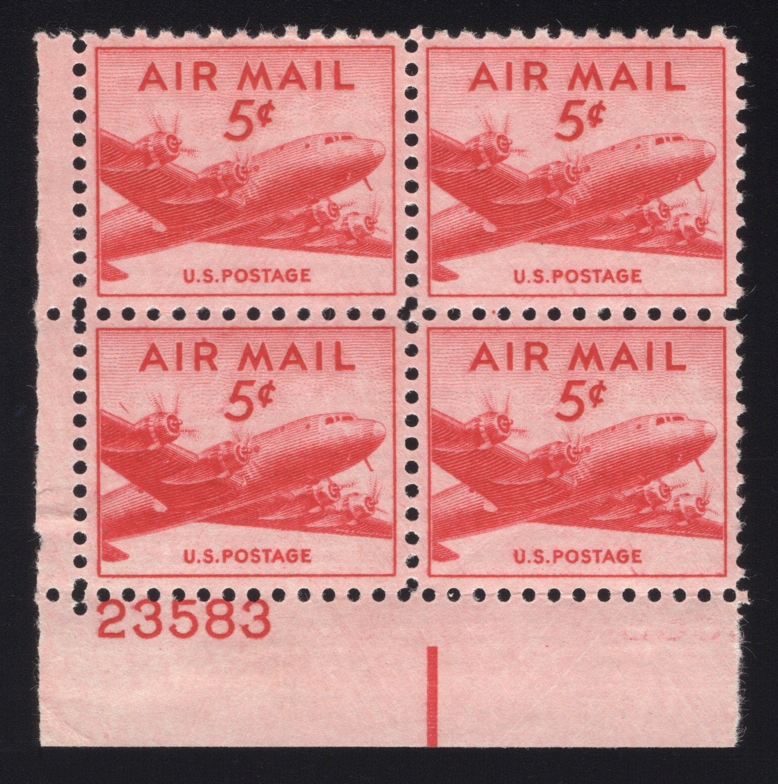 U.S. (Scott C33) 5¢ Skymaster, Plate Block of 4, Mint-OG-NH VF