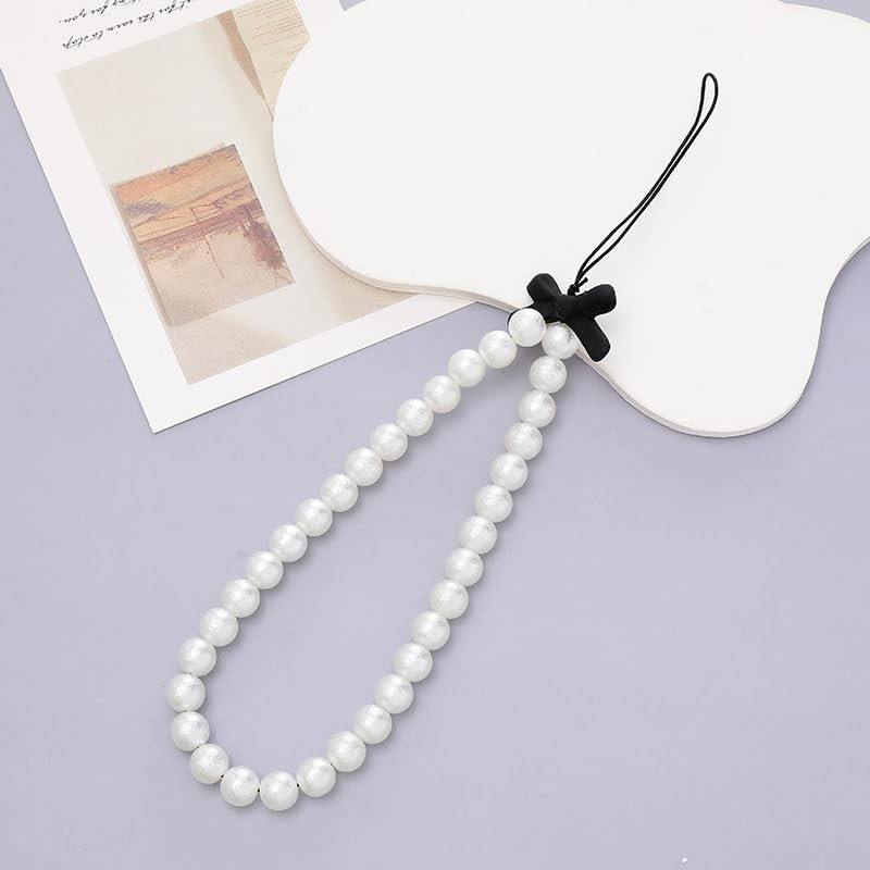 White Mobile Phone Case Decorations Chain Black Bow Pearl Beaded