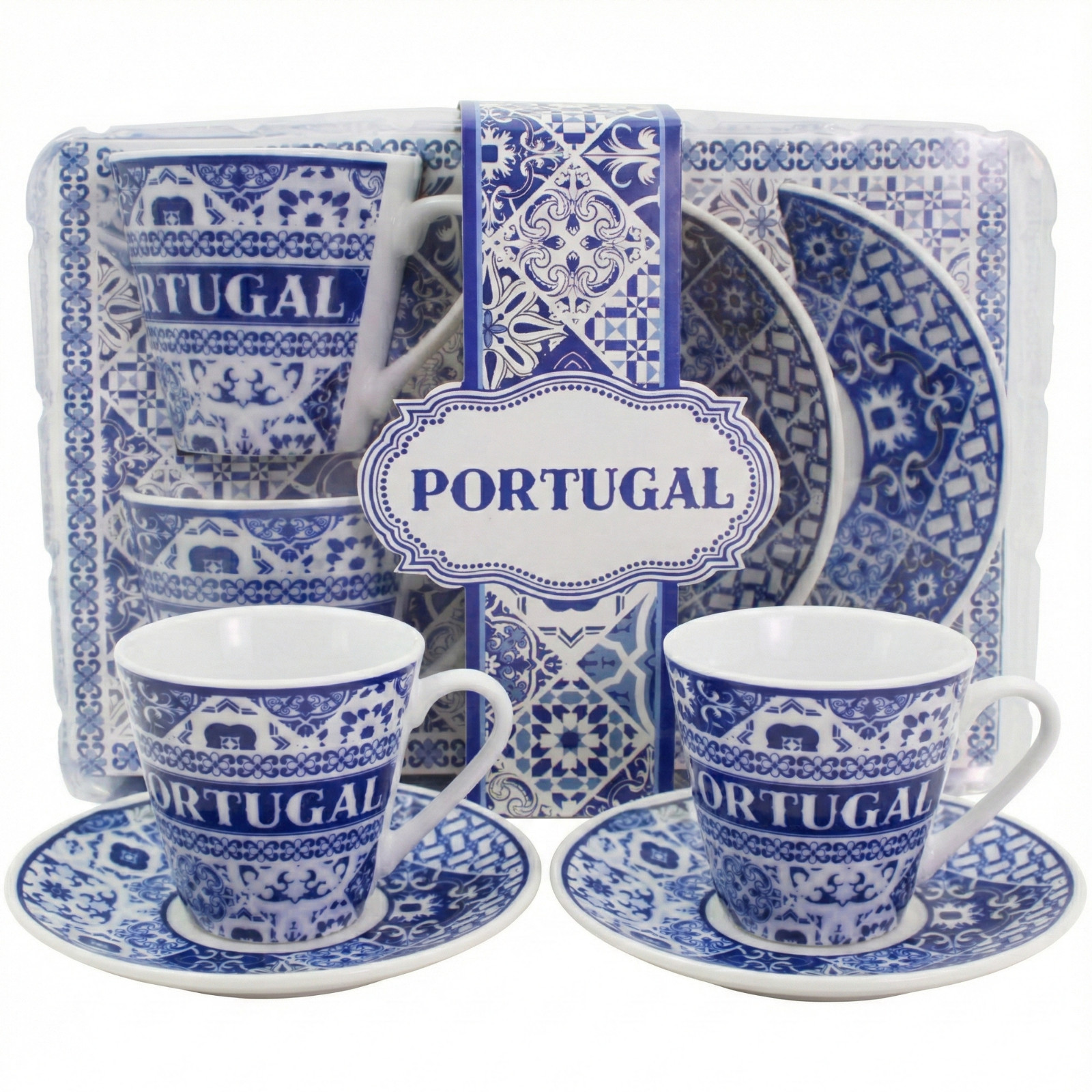 Portuguese Azulejo Espresso Cup & Saucer Set - Blue Tile Design, Set of 2