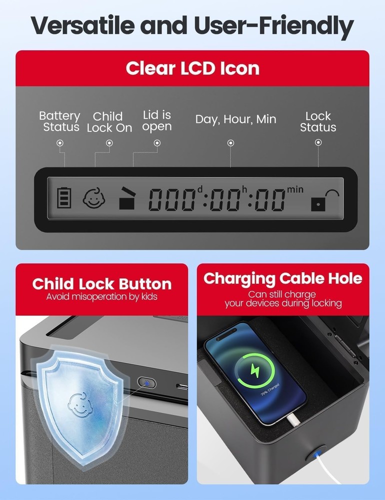 Metal Time Lock Box, Phone Lock Box with Timer, Timed Locking Safe, Self-Cont...