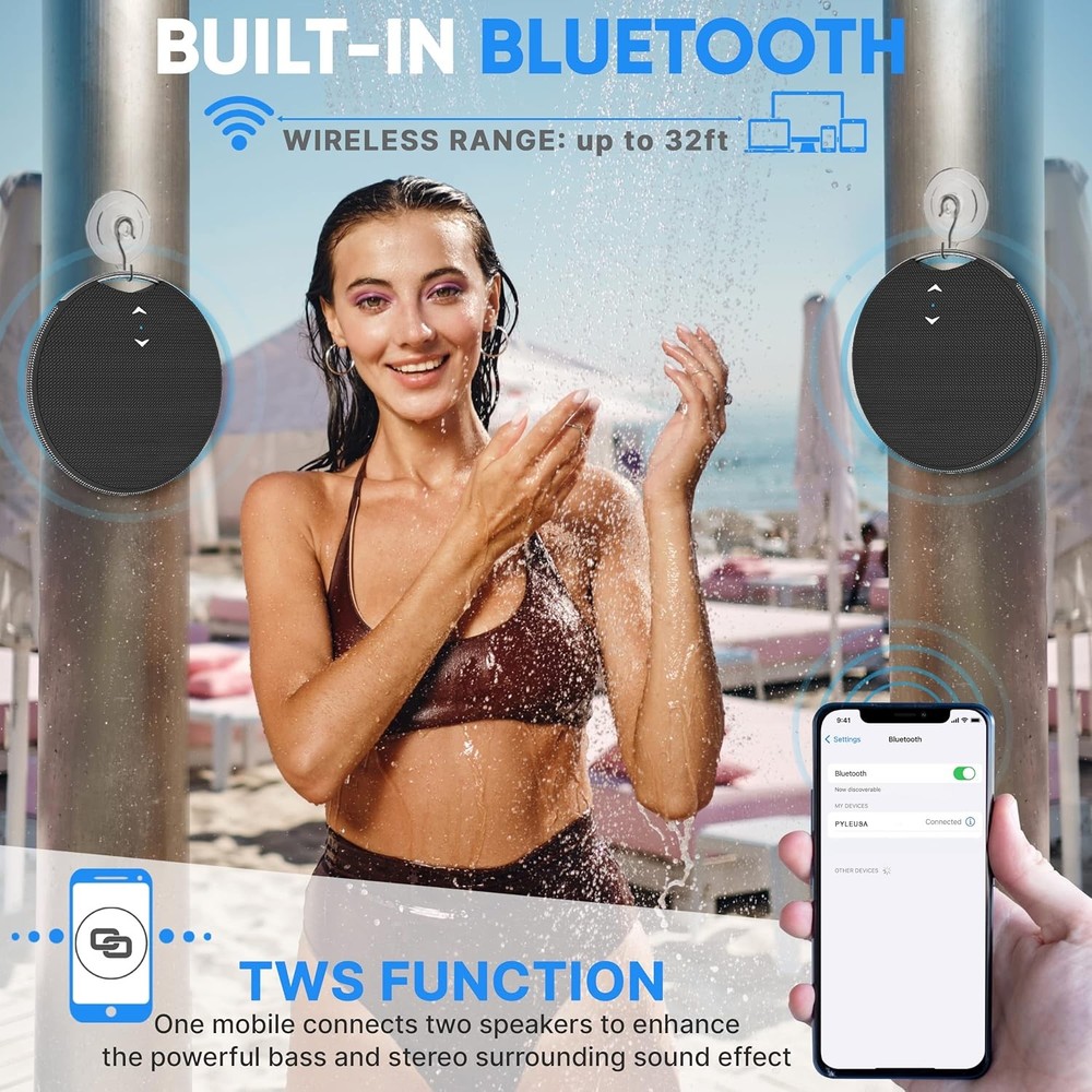 Pyle Portable Waterproof Wireless Bluetooth Mini Speaker w/ Mic - Black