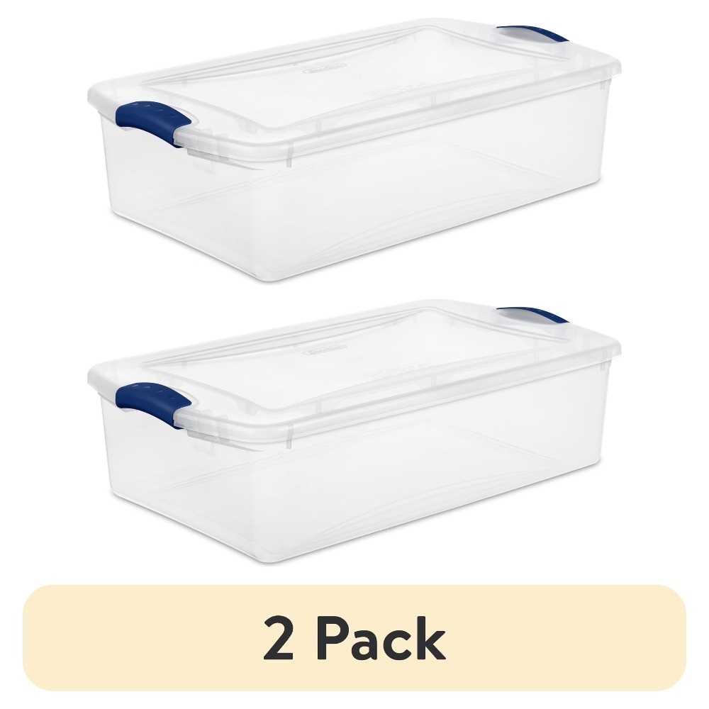 Latching Storage Bin 32 Quart Clear Plastic Container with Lid Blue 2 Pack