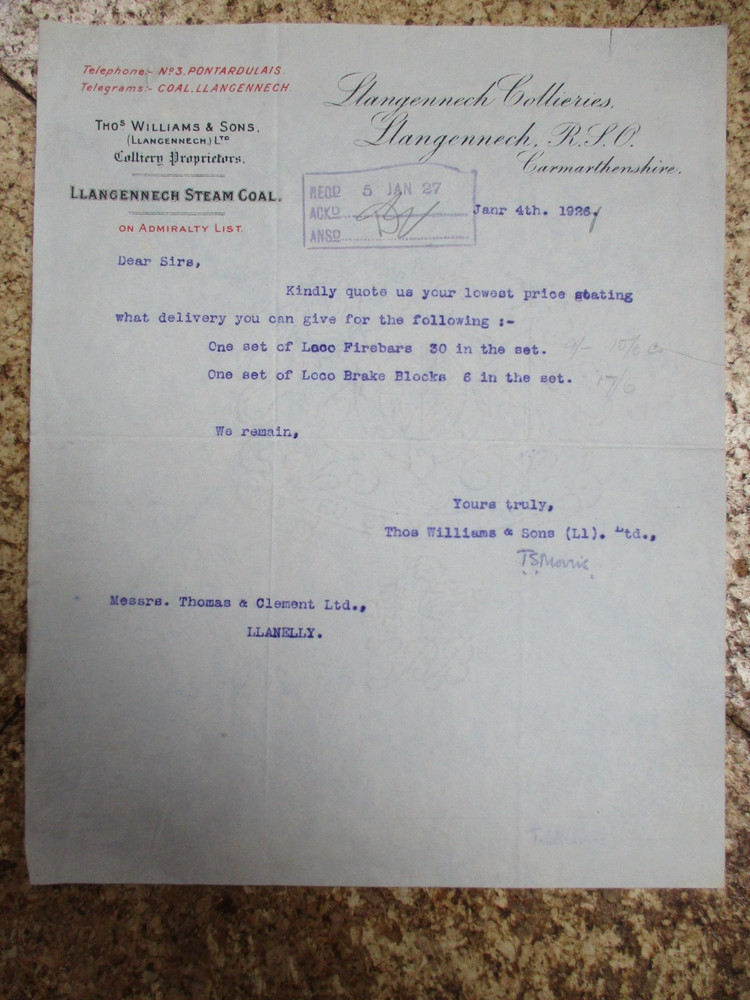 Llangennech Colliery Co 1926 original letter