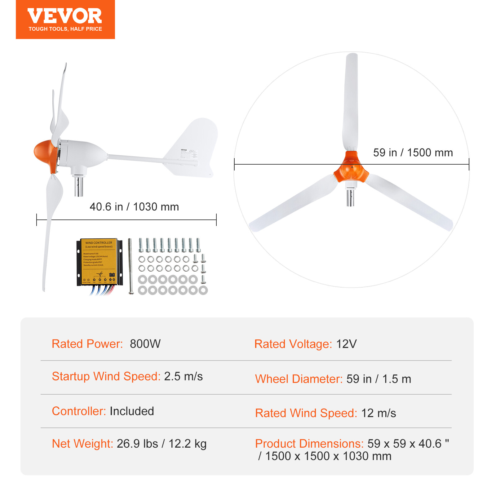 VEVOR 800W Wind Turbine Generator 12V 3-Blade Wind Turbine Kit & MPPT Controller