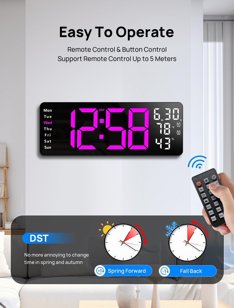 17.3" Large Digital Wall Mount Clock, Digital Clock with Remote Control, Alar...