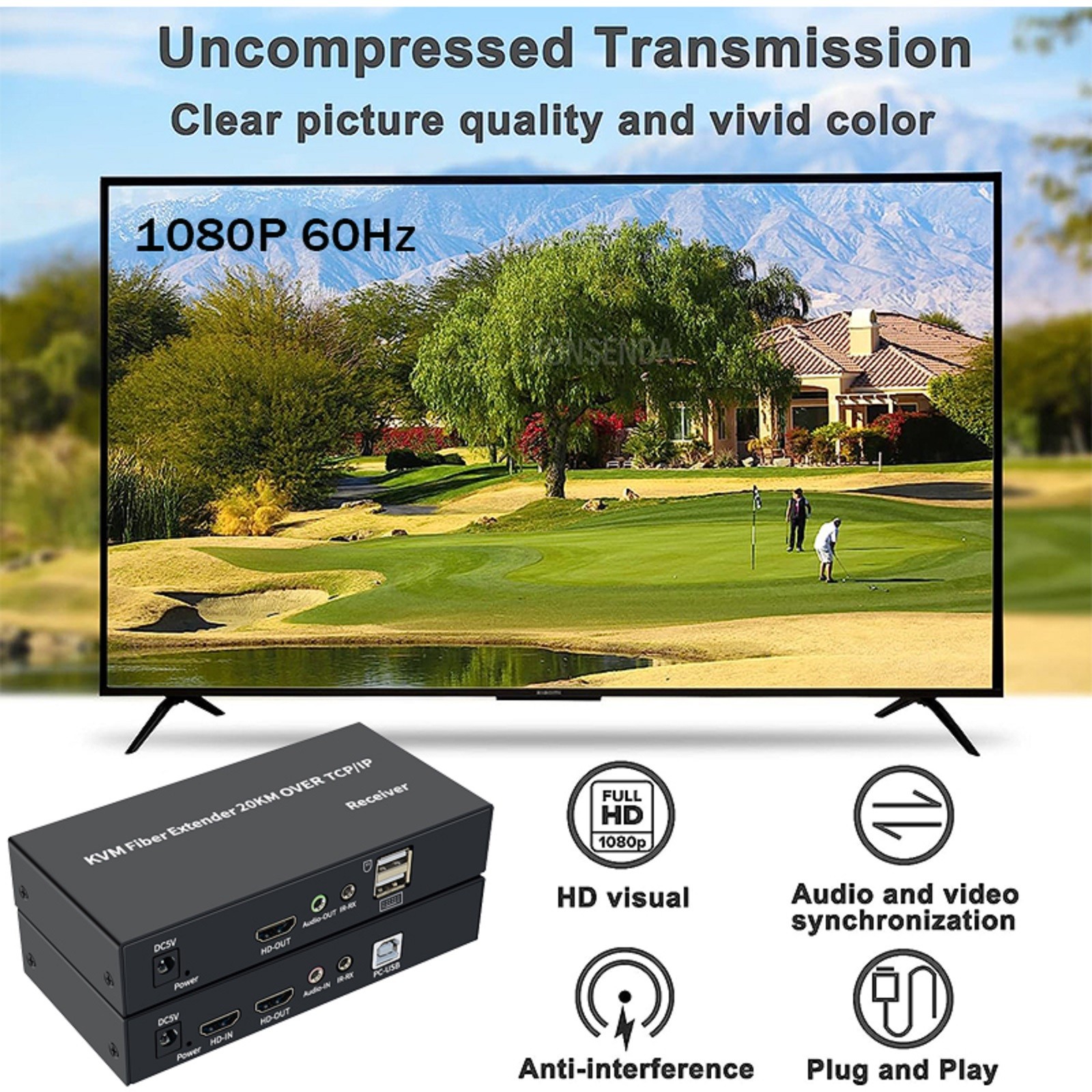 1920X1080P @60Hz HDMI KVM Fiber Extender over SC Fiber Optical Cable to 20Km B