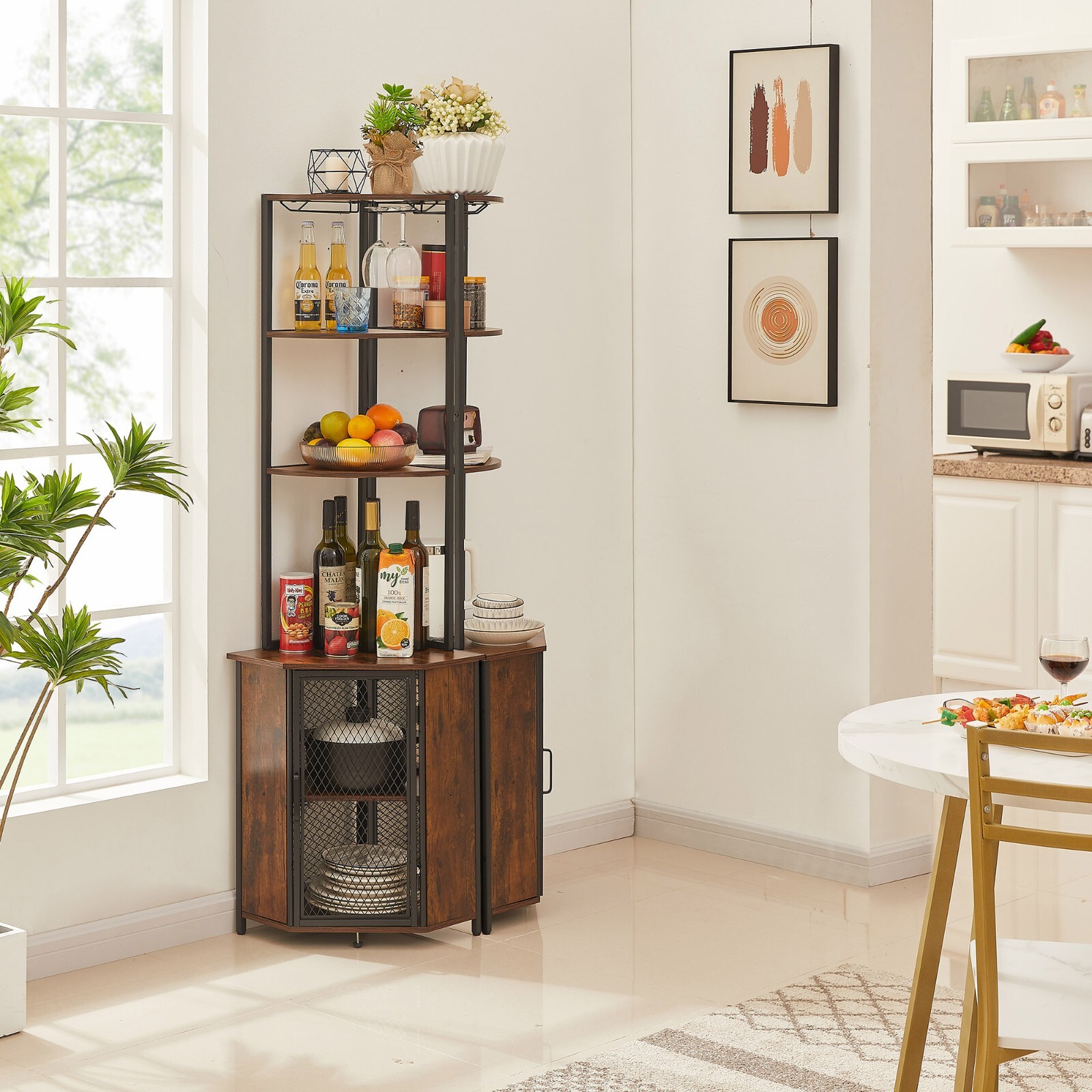 5-Tier Corner Shelf Tall Bookcase Storage Cabinet with Wine Rack Display Rack