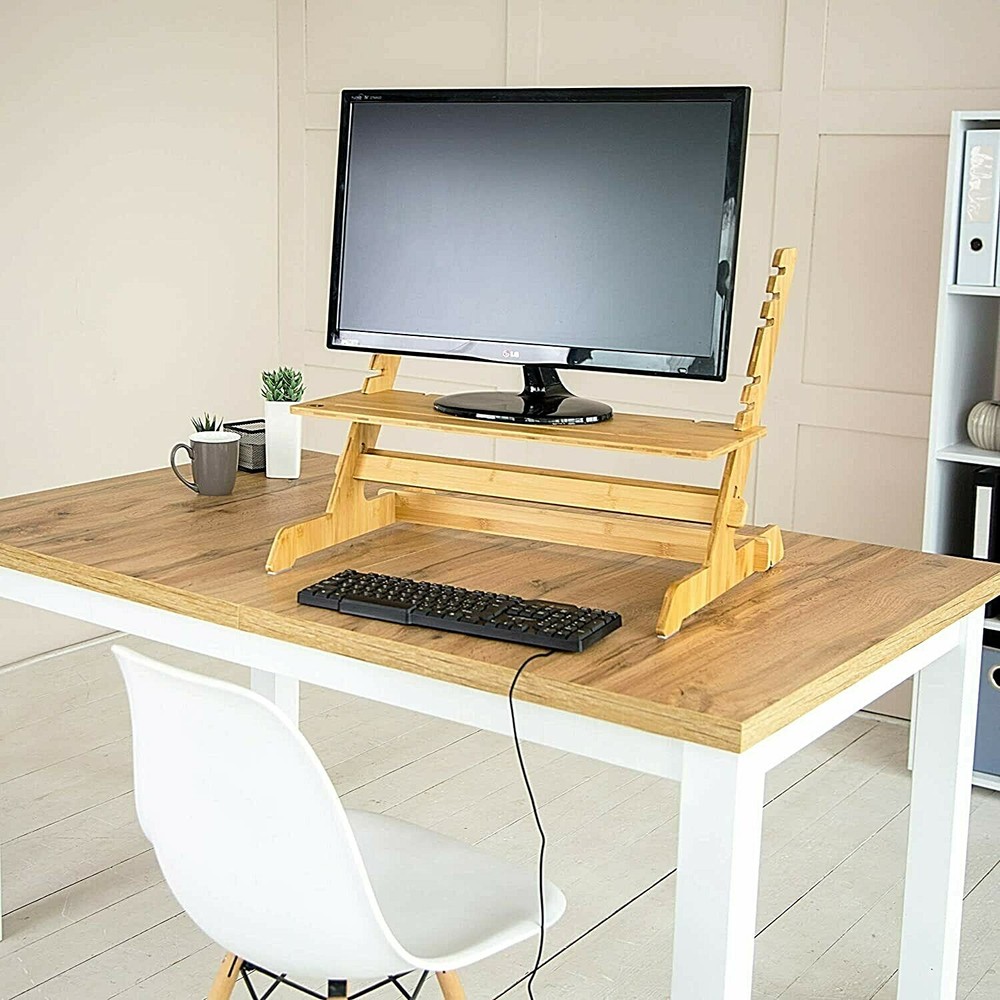 Standing Desk Converter Natural Bamboo Adjustable Sit Stand Riser Workstation