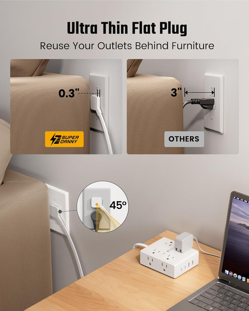 10Ft Extension Cord with Multiple Outlets, Flat Plug Surge Protector Power Strip