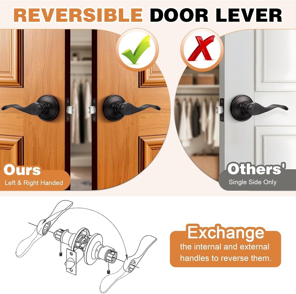 Door Handle, Wave-Style Passage Door Handle, Keyless Door Handle Lock Set