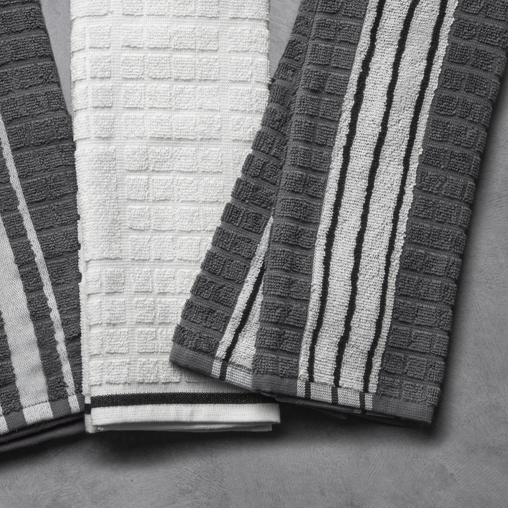 Kitchen Towels, Gray & White, 5 Pack Set